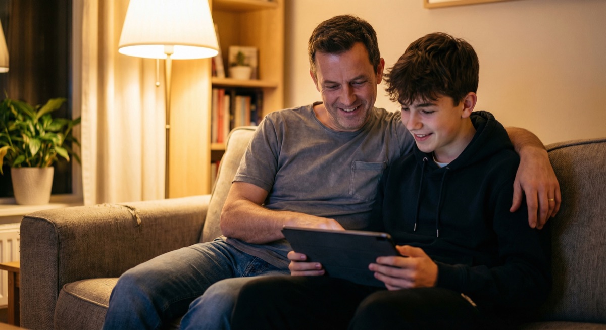 Father and teenage son discussing AI together